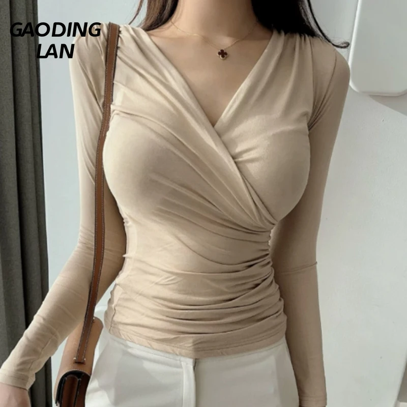 GAODINGLAN Temperament Cross V dekolt kobiety t-shirty z długim rękawem składane wąska talia koszula z dołem kobiet elastyczne wąskie topy koreańskie