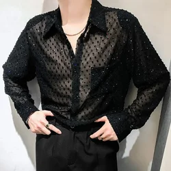 2024 Spring And Autumn New Mens Sexy Mesh See-Through Long-Sleeved Shirts Genderless Fashion Youth Nightclub Shiny Tops Unisex