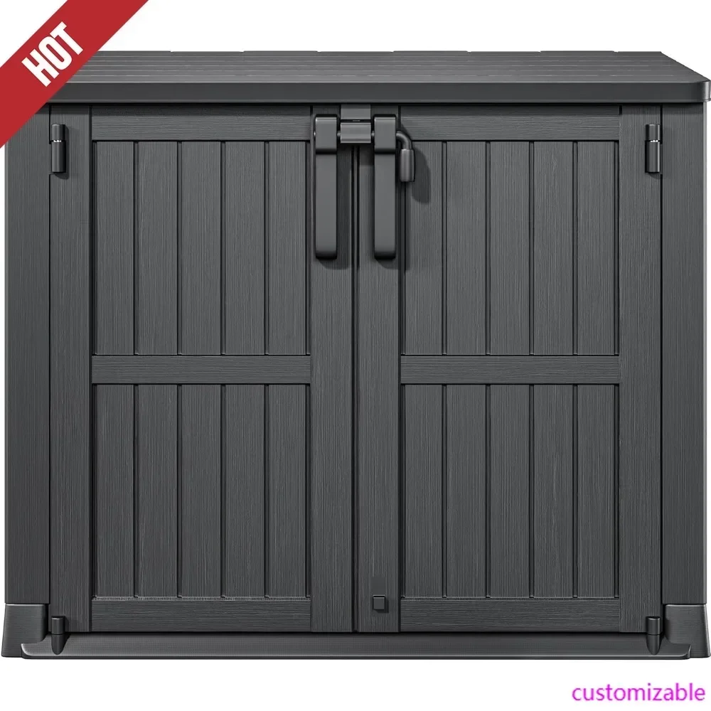 

Сарай для хранения инструментов, для двора, патио и сада, из полимерного пластика со скошенной крышкой, запираемой дверью и отделкой под дерево