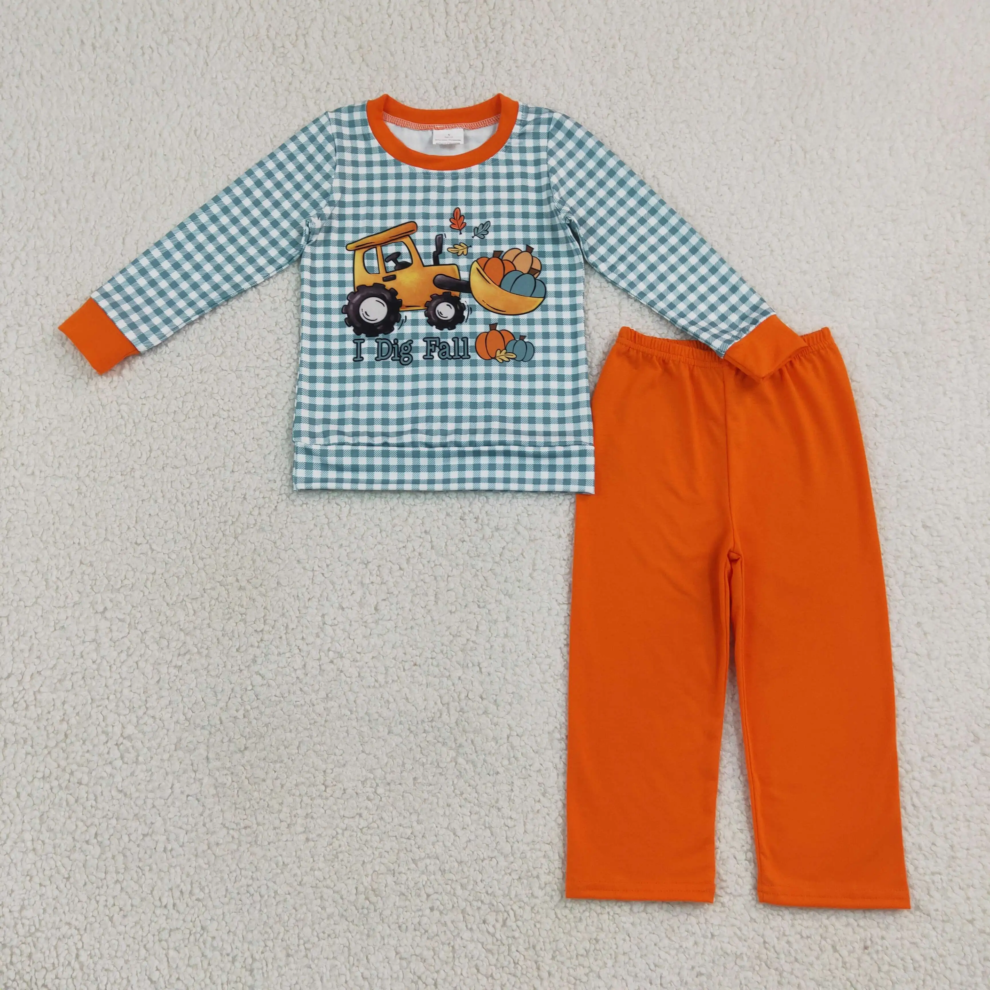 Wholesale Boy Thanksgiving Pumpkins Tractor Plaid Shirt Children Cotton Pants Fall Set Toddler Baby Kids Outfit Clothes