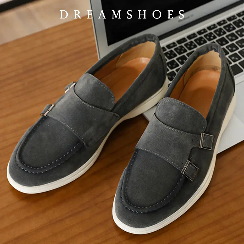 

2025 замшевая мужская повседневная обувь в деловом стиле, лоферы ручной работы с двойной пряжкой, мужские мокасины без шнуровки на плоской подошве для отдыха