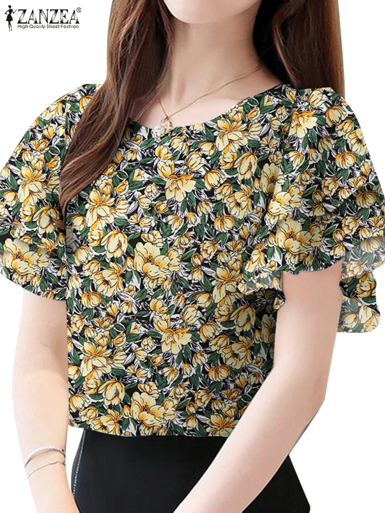 ZANZEA 여름 보헤미안 홀리데이 블라우스 여성 꽃 프린트 탑 우아한 캐주얼 비치 홀리데이 셔츠 O 넥 튜닉 블라우스 오버 사이즈
