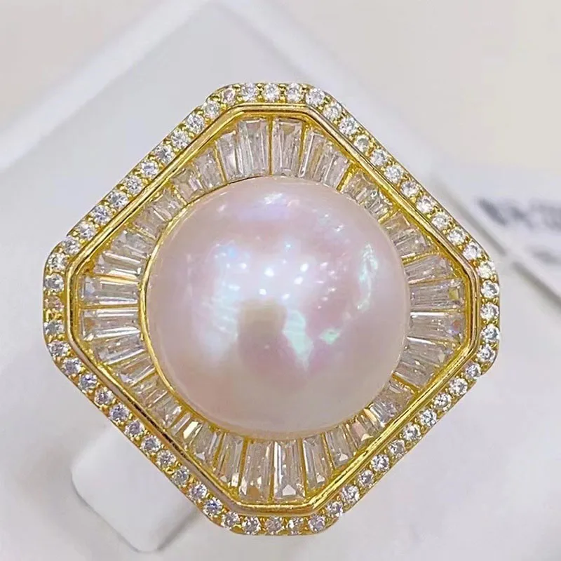 S925 Sterling Silver Full Diamond Ring 12-13mm Natural Edison Pearl Hand Ornament Zhuji Freshwater Pearl Ring Women