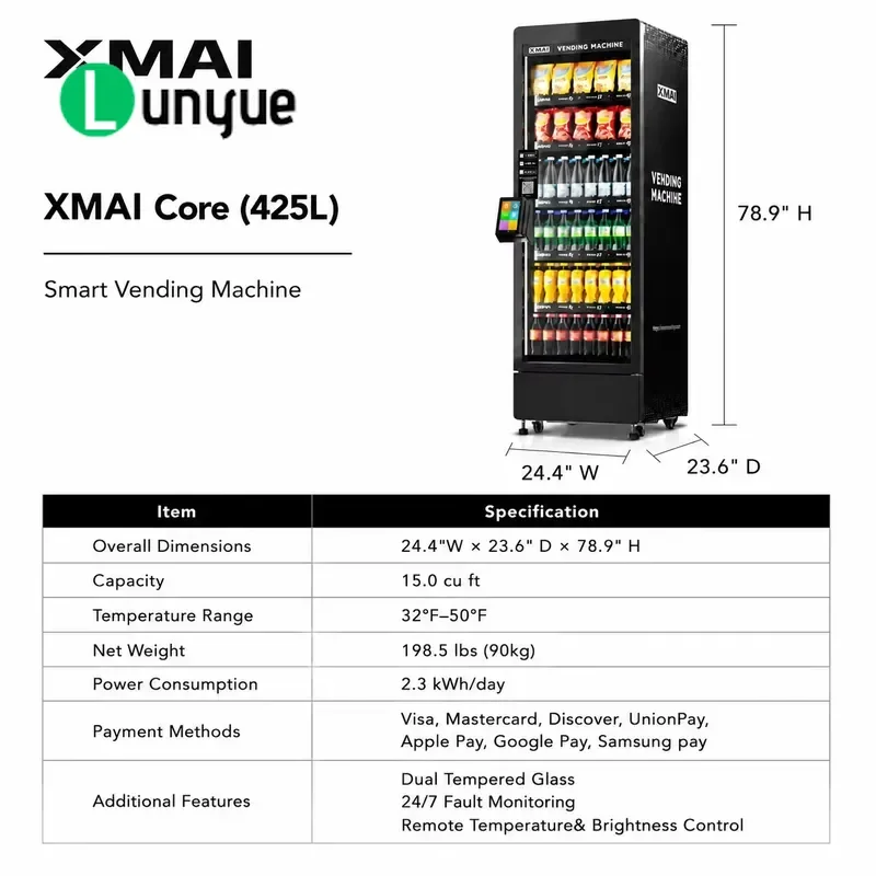 425L Commercial Vending Machine AI Vision Technology LED Display Card Payment For Snacks Cold Drinks Office Gym Hotel Use