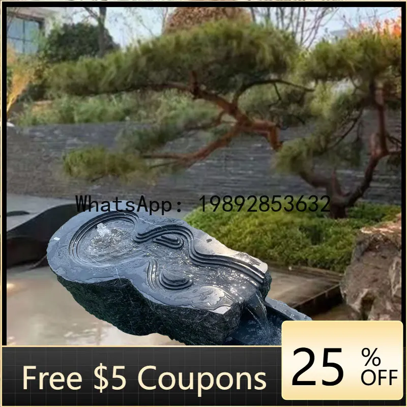 BJ Carving Japanese Water Feature Fountain Black Mountain Stone Water Bowl Landscape Indoor Flowing Water Marble Hotel Ornament