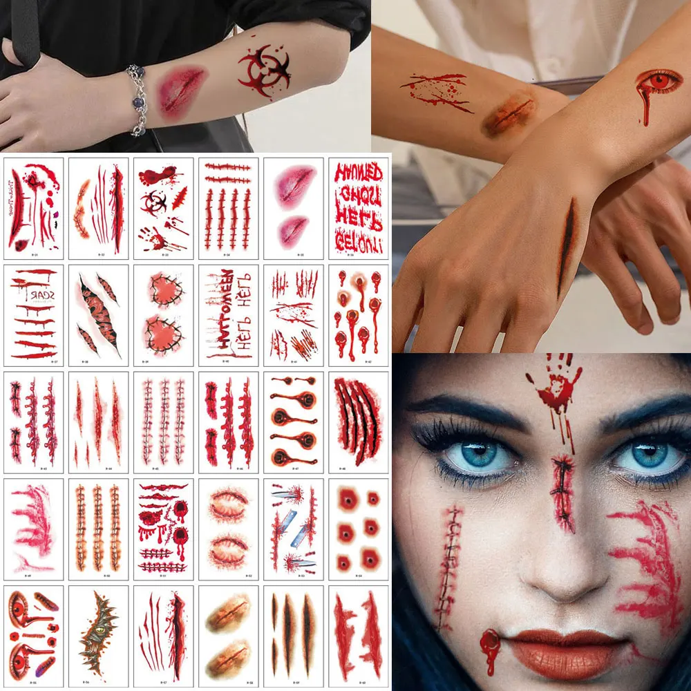 

30pcs Halloween Waterproof Scars Fake Tattoos for Face Body Scary Temporary Tattoos for Women Men