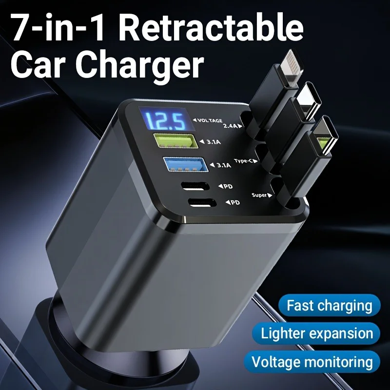 

Heavy-Duty 7-in-1 Car Charger with Retractable Apple Lightning & Type-C Connectors – 120W Fast Charging, Voltage Monitor & 4-Layer Safety – Great for Cross-Country Road Trips, Camping Adventures – Powers iPhones, Android Phones, Tablets