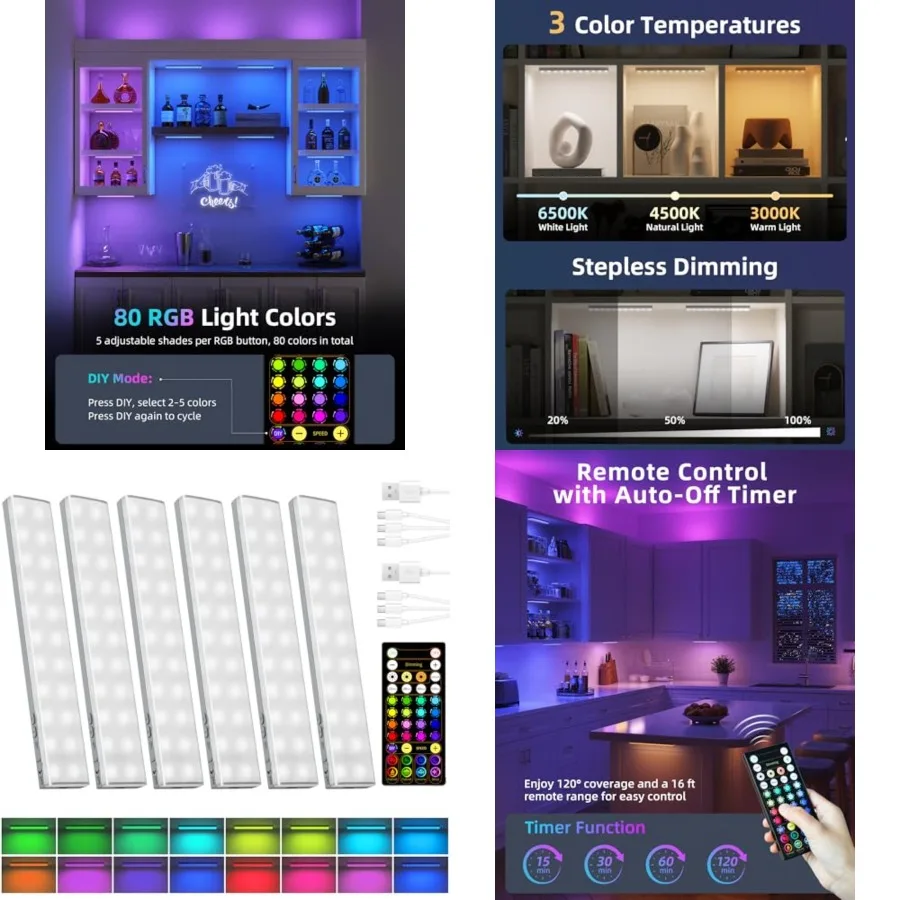 

80 RGB Color Changing Under Cabinet Lighting Wireless, 1800mAh Rechargeable Shelf Lights, Magnetic, Timer and Dimmable Bar Ligh