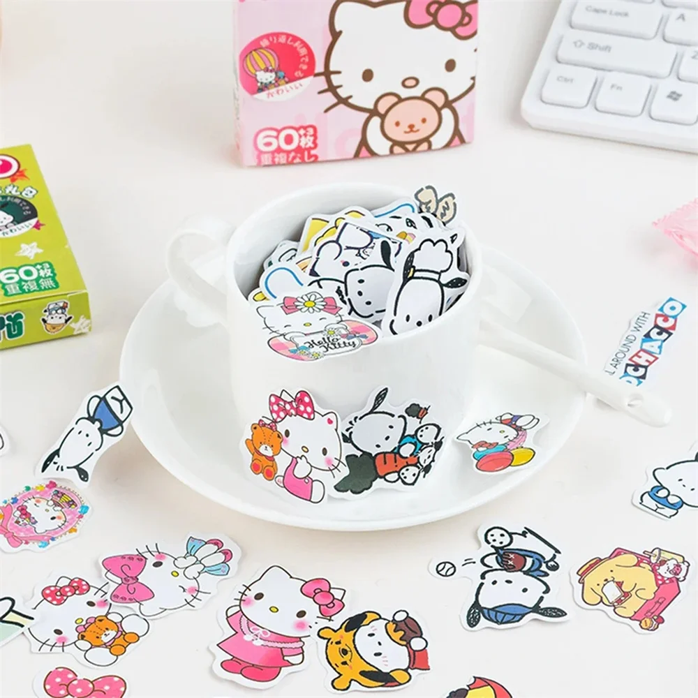60 шт./кор. кавайные аниме Sanrio наклейки Hello Kitty Kuromi Cinnamoroll Pochacco наклейки DIY канцелярские принадлежности милые мультяшные наклейки подарок
