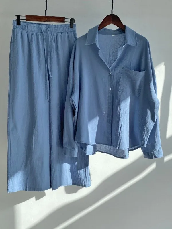 Cotton Linen  Neck Long Sleeve Shirt Set High Waist Loose Nine Points Pants Spring Autumn Two Piece Set Women Casual Comm...