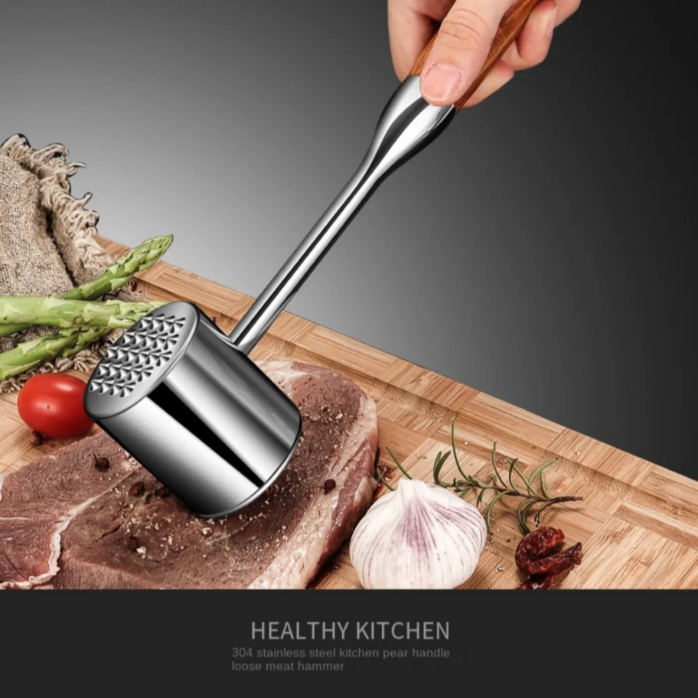 Stainless Steel Meat Mallet Hammer Wooden Handle Hanging Hole Loose Meat Tenderizer Double-side non-slip Meat Loosening Hammer