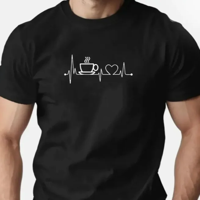 Men's Coffee Lover Graphic T-Shirt Heartbeat Coffee Cup Design Mustard Yellow Casual Summer Tee Men Clothing Comfortable