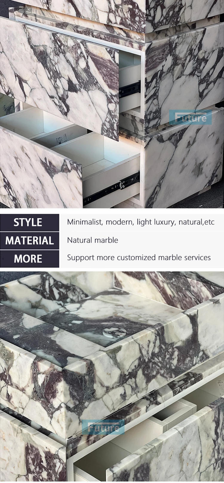 Caracatta Viola Marble Bathroom Vanity Cabinet, Glossy Rectangle Natural Stone Dresser
