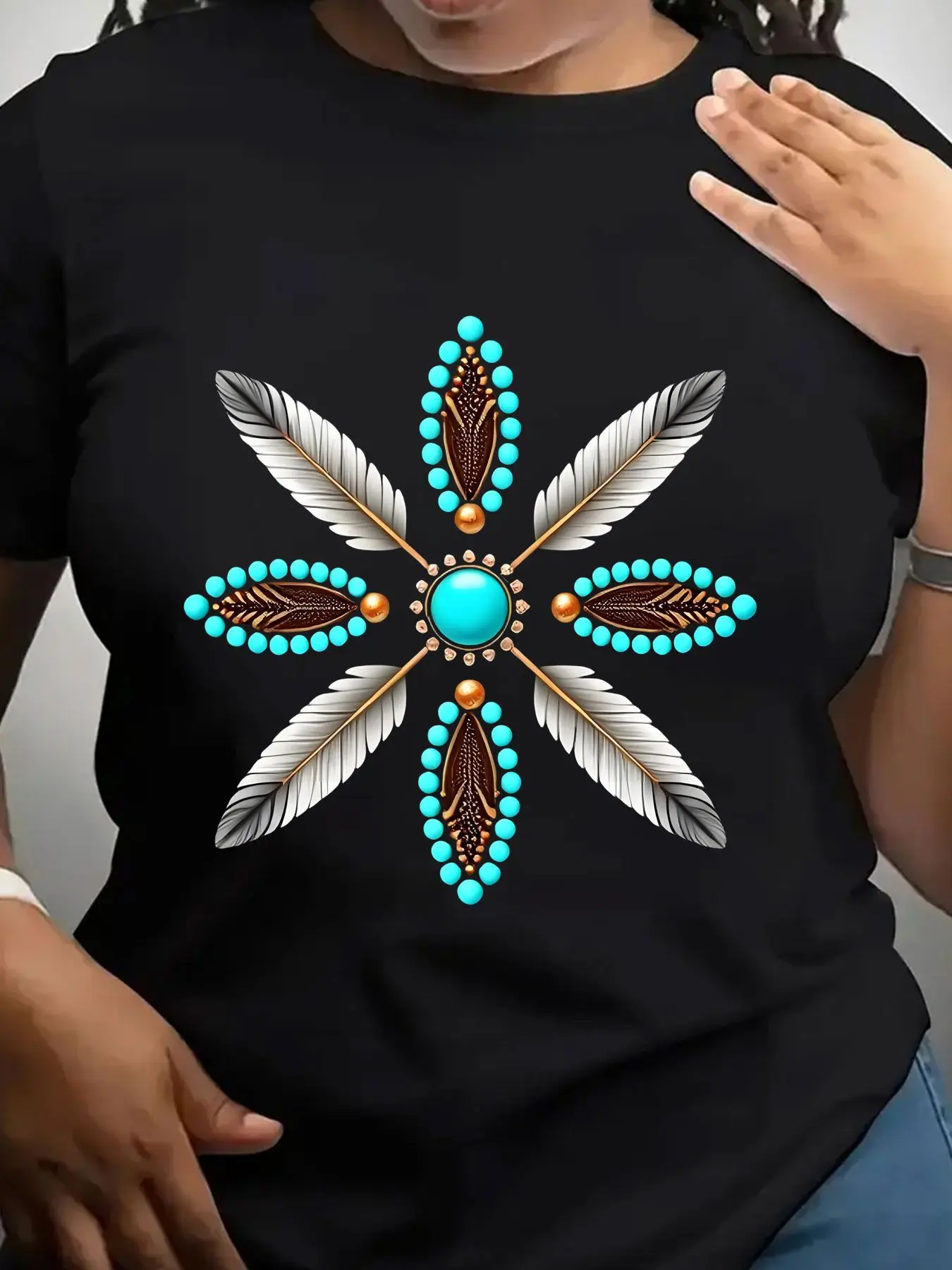 Women's Trendy Crew Neck T-Shirt Turquoise Feather Bead Star Pattern Suitable for Casual Sportswear