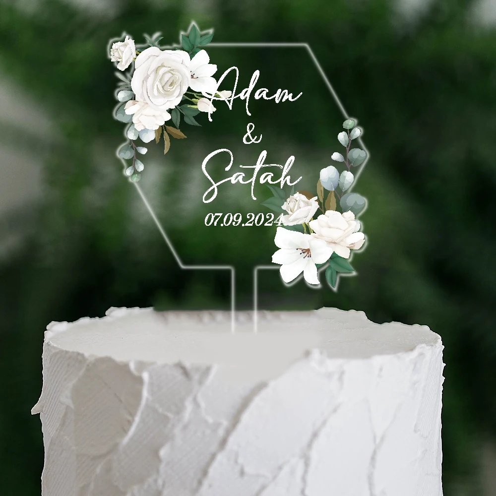 Wedding Cake Topper Clear Acrylic Floral Personalized Cake Topper Wedding Decor with Names Modern Classic Cake Topper