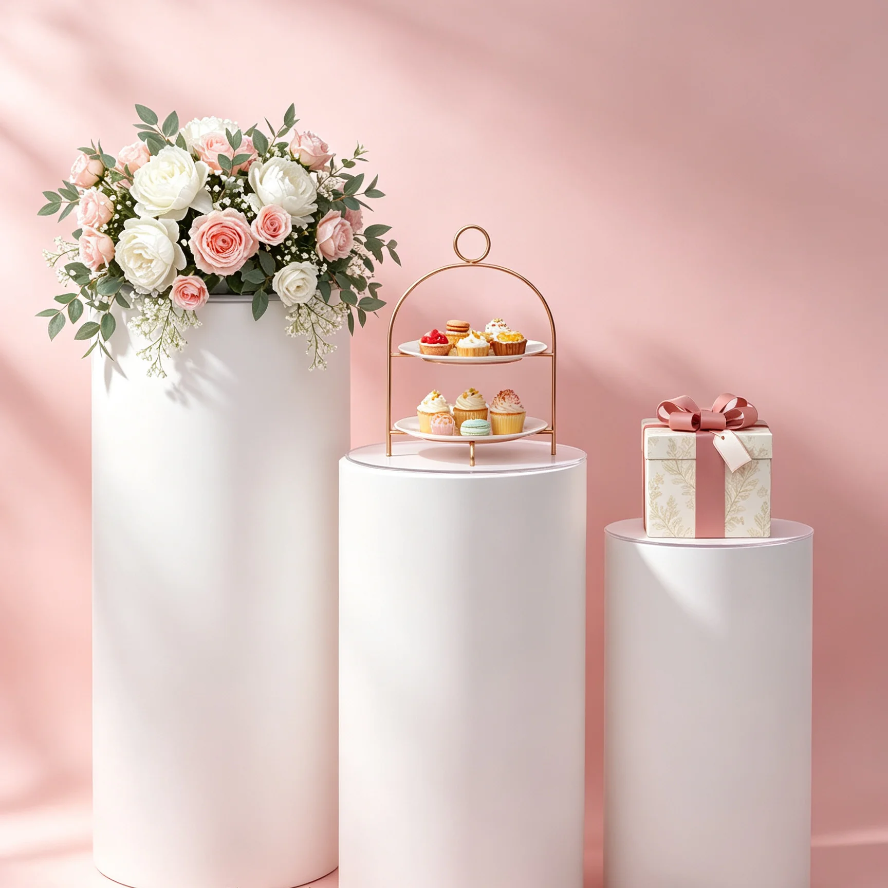 3Pcs Round Cylinder Display Pedestal Stands White PVC Acrylic Assembly Type Freestanding Wedding Cake Display Base