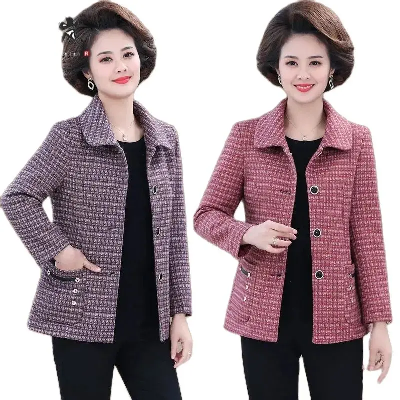 

2023 New Overcoat Middle-Aged Mother Spring And Autumn High-End Coat Short Fashion Lapel Jacket Woolen Plaid Coat Women Clothes