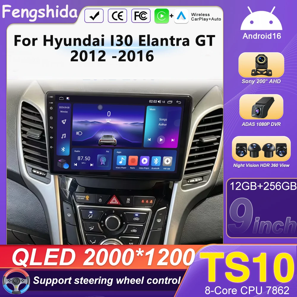 Carplay inalámbrico, Android Auto y Android 16 para Hyundai I30 Elantra GT 2012 2013 2014 2015 2016, radio para coche 2DIN, reproductor multimedia, BT