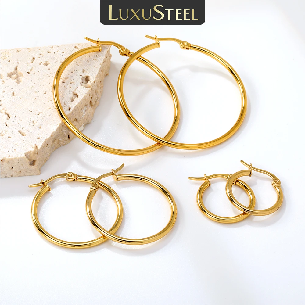 LUXUSTEEL 10-70mm 1 Pair Women Men Hoop Earrings Stainless Steel Golden/Silver Color Round Small Big Circle Huggies Punk Jewelry