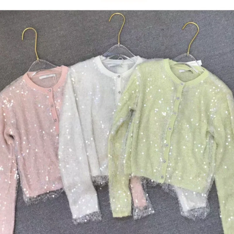 Luxury Women Girls Sequins Knitted Cardigan Beaded Sweater Coat Loose Short Coat Thin Single-breasted Shiny Knitwear Crop Tops