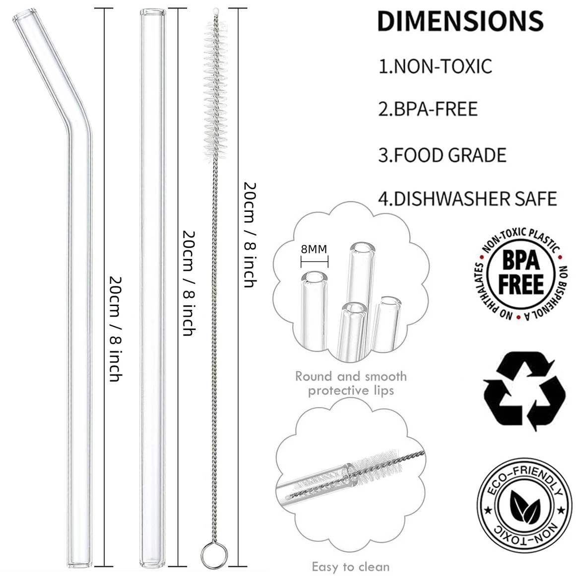 Reusable Glass Straws Shatter Resistant, Drinking Smoothie Straw with Cleaning Brush for Stanley Cup Juice Cocktail, 200*8mm 6pc