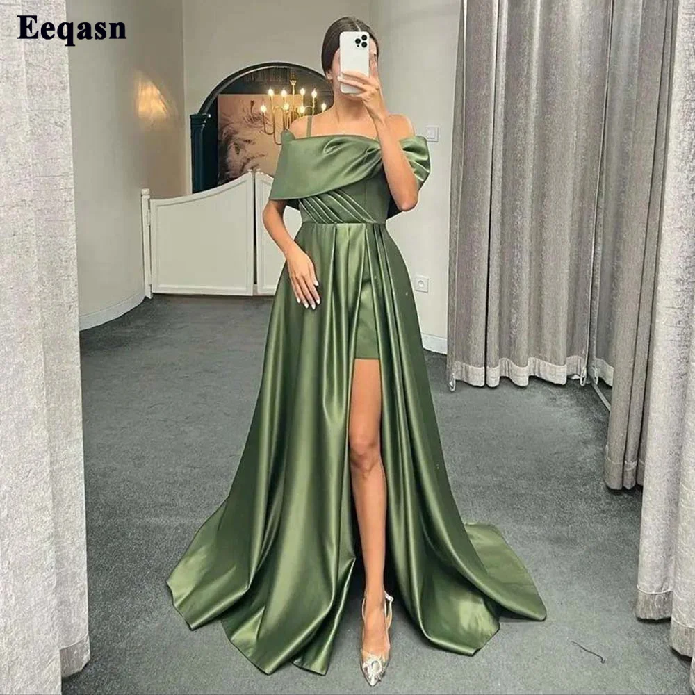 

Eeqasn A Line Green Satin Evening Dresses Spaghetti Strap Off The Shoulder Women Formal Prom Party Gowns Slit Bridesmaid Dress