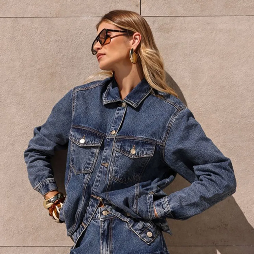 Vintage Dark Blue Denim Jacket Women Fall New Notch Lapel Loose Jean Coat