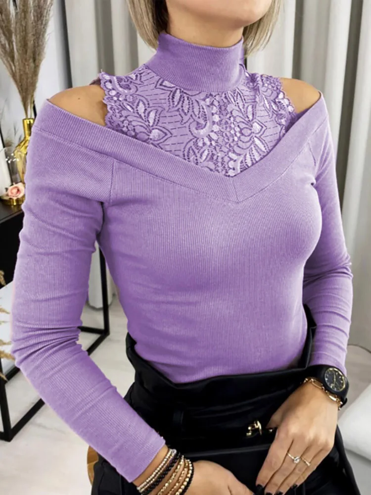 Women Casual O Neck Solid Blouse Shirt Sexy Ladies Hollow Out Lace Pullover Tops Spring Autumn Long Sleeve Elegant Shirt Blusas