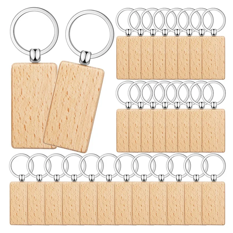 50 Pieces Blank Wooden Key Tag Key Engraving Blanks Unfinished Wood Keychain Key Ring Key Tags for DIY Crafts,Rectangle TQ