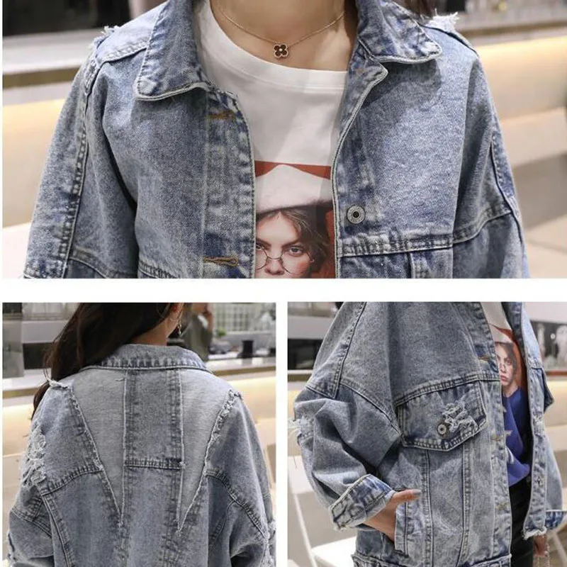 Fried Street Hole Denim Jacket Women's New Spring  Autumn Cowboy Jackets Female Outerwear Fashion Loose Casual Jacket Streetwear