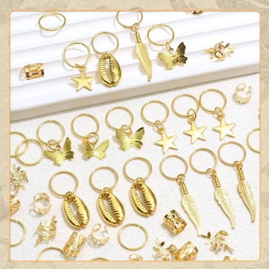Bohemian hair accessory set - Includes 50 pieces of shells, stars, and butterflies suitable for braided hairstyles.