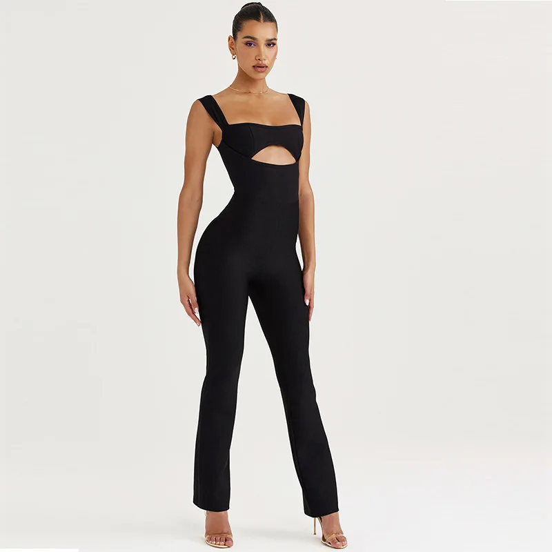 

Black Bodycon Strap Suit Women's Tight Fitting Wrap around Pants Polyester Fabric Regular Thickness mid Waist