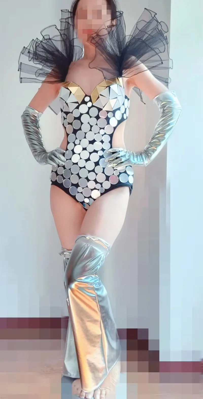 Damski seksowny srebrny kombinezon bikini z efektem lustra, kostium sceniczny do tańca dla piosenkarki, tancerki, na imprezę w barze, klubie nocnym, na pokaz.