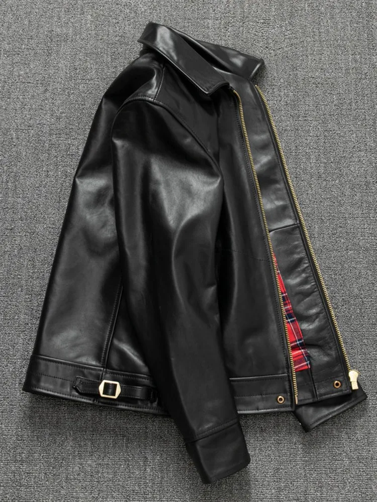 Mens Slim Fit 100% Horsehide Genuine Leather Jacket Lapel Collar Zipper Windproof Moto Biker Riding Coat Autumn Winter Outerwear view 3
