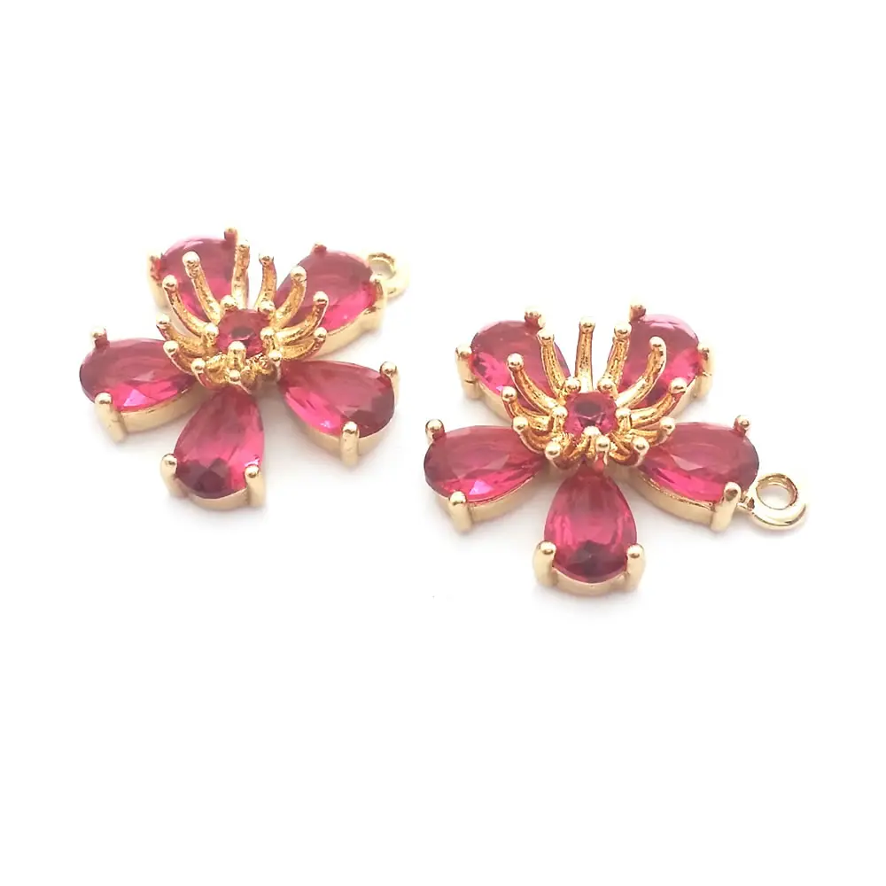 6PCS 14MM High Quality 18K Gold Color Brass and Glass Plum Flower Charms Pendants Jewelry Making Diy Findings Accessories