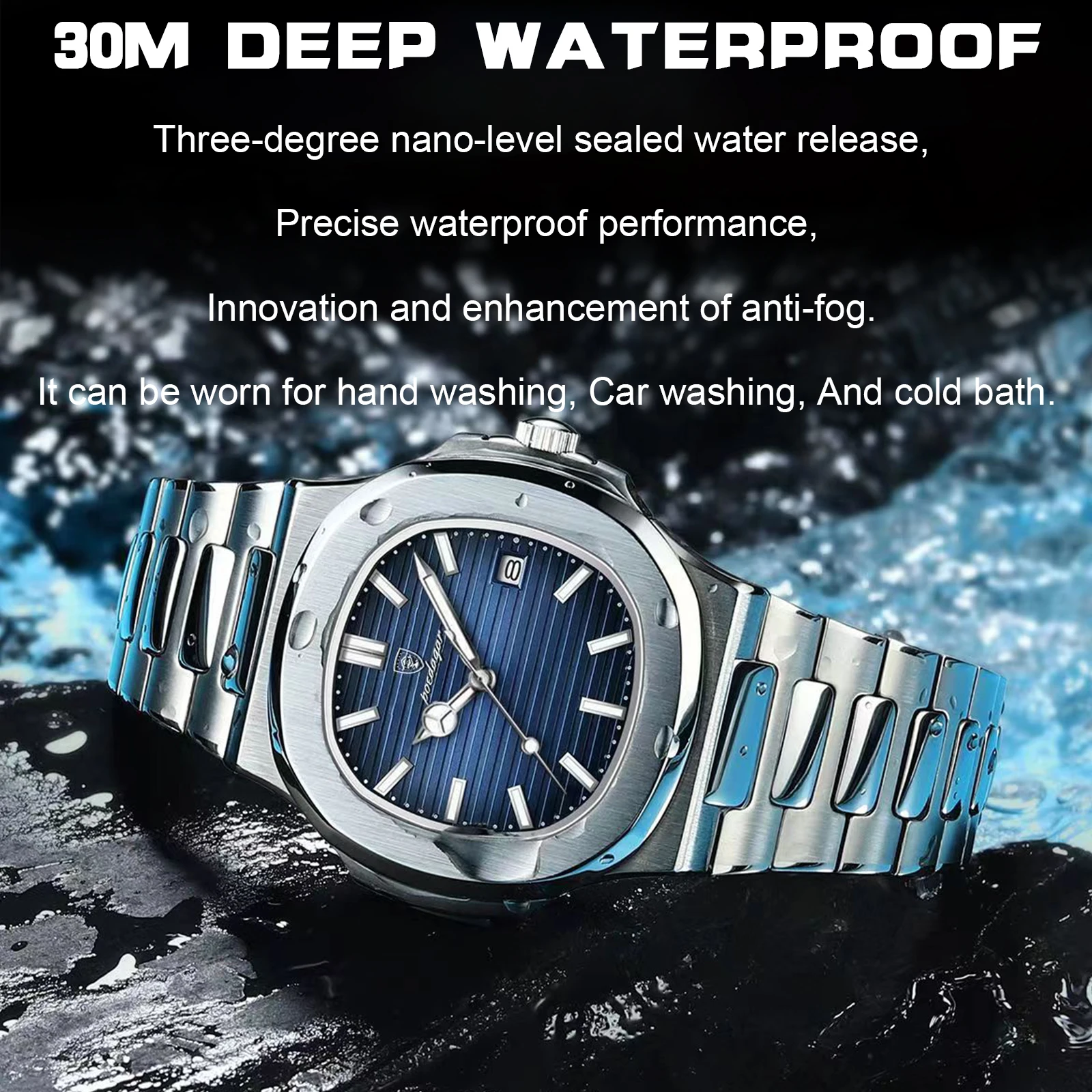 POEDAGAR Luxury Watch For Man Waterproof Luminous Date Men Wristwatch Square Stainless Steel Business Men\'s Quartz Watches Reloj