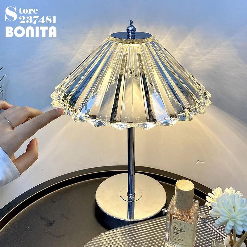 Crystal Glass Desk Lamp Dimmable Transparent Amber Petal Table Light Umbrella Pleated Skirt Decorative Atmosphere LED Table Lamp