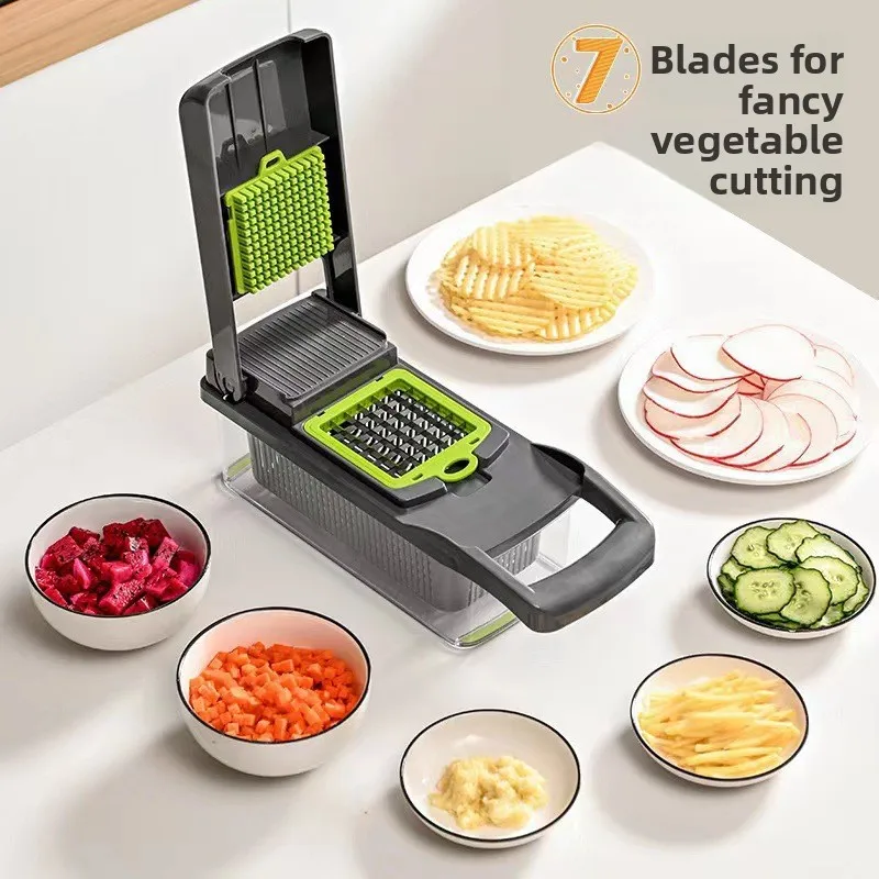 16-in-1 Vegetable Chopper with Container 7-Blade Mandoline Slicer Onion Dicer Grater Drain Basket Potato Cutter Kitchen Tool