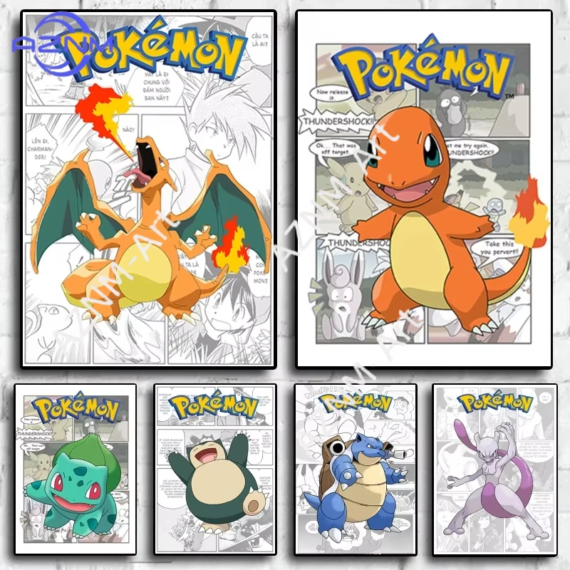 Affiche de dessin animé Pikachu Charizard Charmander, figurines d'action, peinture sur toile, décoration murale, décoration pour enfants, 1 pièce