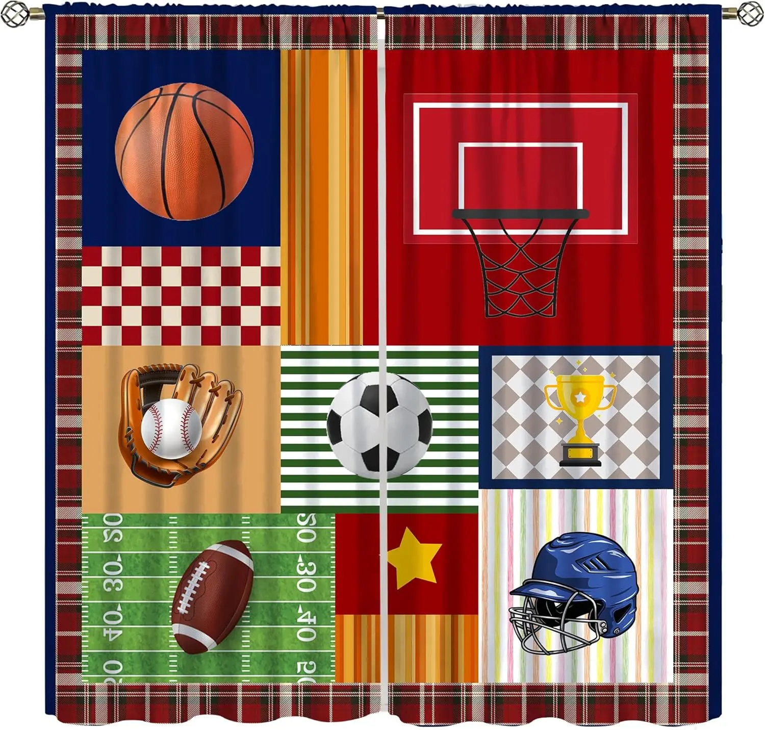 Sports Games for Boys Bedroom Curtains, Basketball Soccer Baseball Graffiti Background Sports Theme Teenage Kids Home Curtains