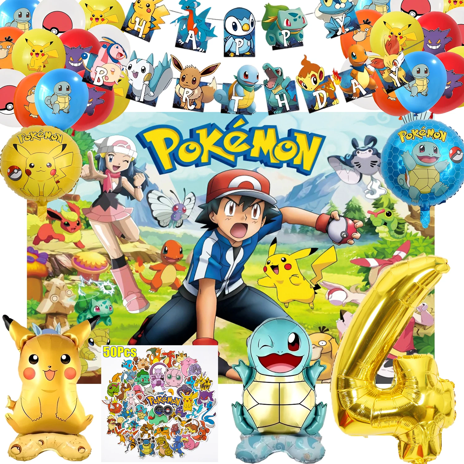 Pokemon Birthday Decorations Pikachu Background cloth, balloon stickers digital balloons 1-9 festival party decorations Supplies