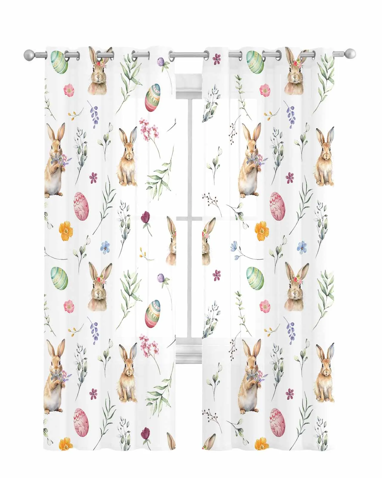 Easter Eggs Bunny Spring Flowers Sheer Curtains for Living Room Window Curtains for Kitchen Modern Tulle Voile Curtains