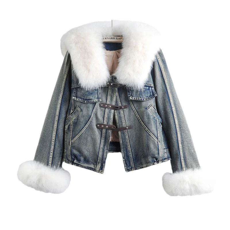 Autumn Winter Fashion Removable Fox Fur Collar Warm Down Liner Denim Jacket Women Casual Cowboy Outwear Loose Short Jeans Jacket