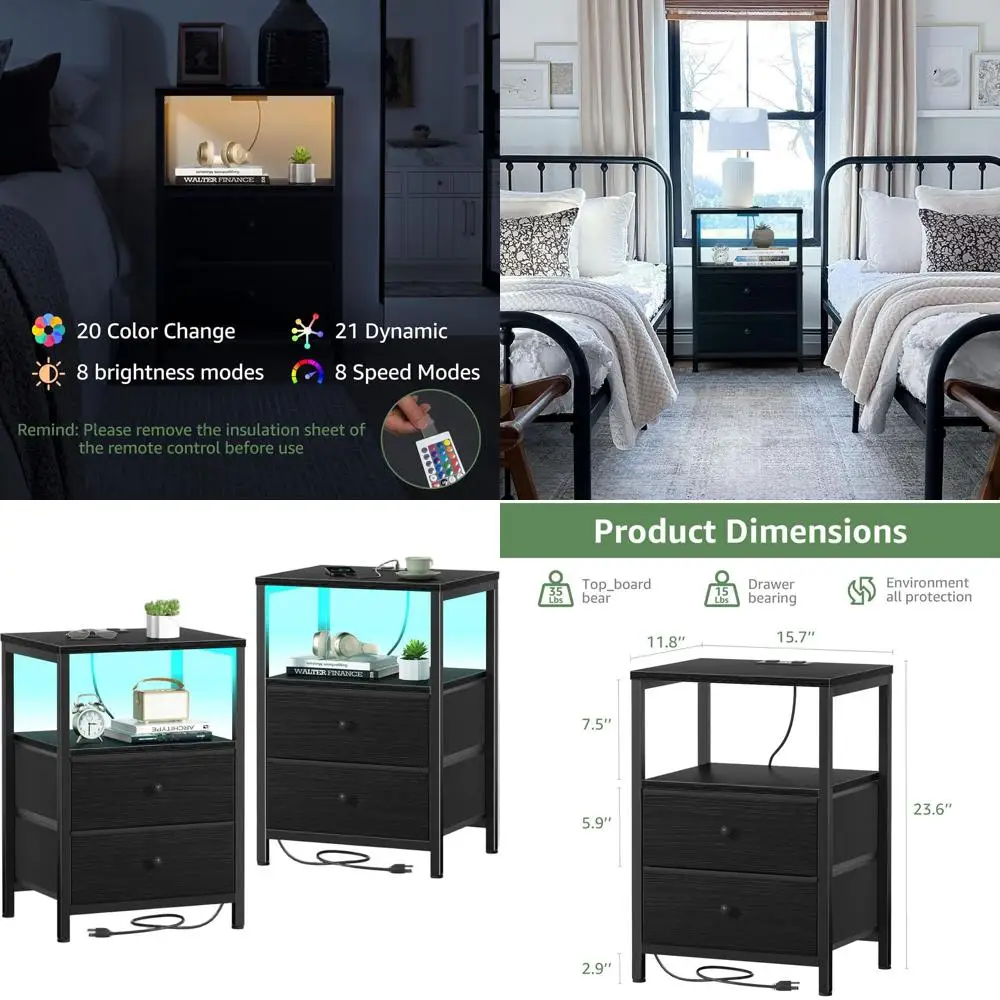 Pair of Modern Nightstands with Charging & LED Light, 2 Fabric Drawers for Bedroom