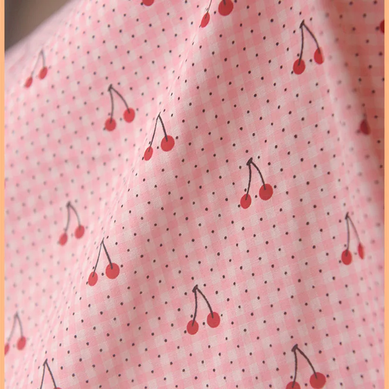 Little Plaid Fabric with Cherry, Polyester Cotton Fabric, Cheongsam Shirt Dress, Children Cloth, Table Cloth Curtain