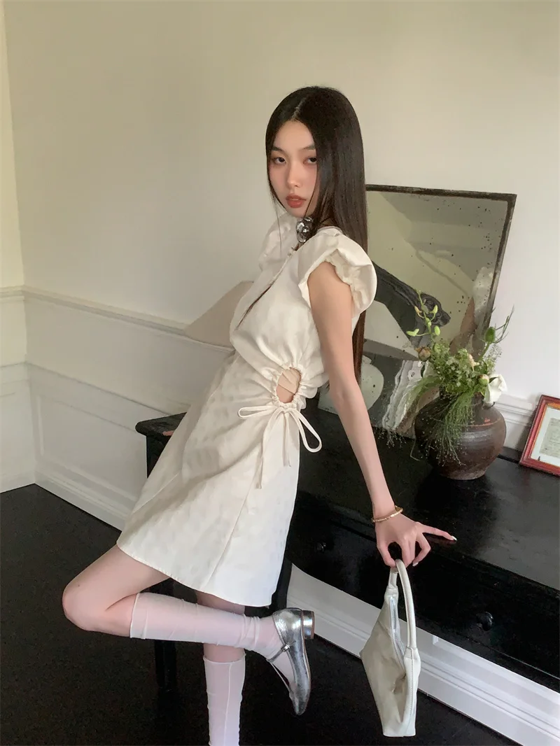 CHEERART Vintage Jacquard Puff Sleeve Short Dresses Woman Summer Drawstring Cut Out Designer Mini Dress