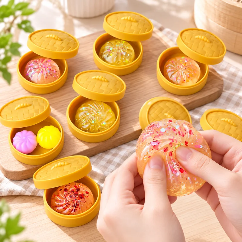Soft Cute Mini Dumplings & Crystal Bun Squeeze Toy, Food Shaped Pinch Fidget Sensory Toy, Party Favors
