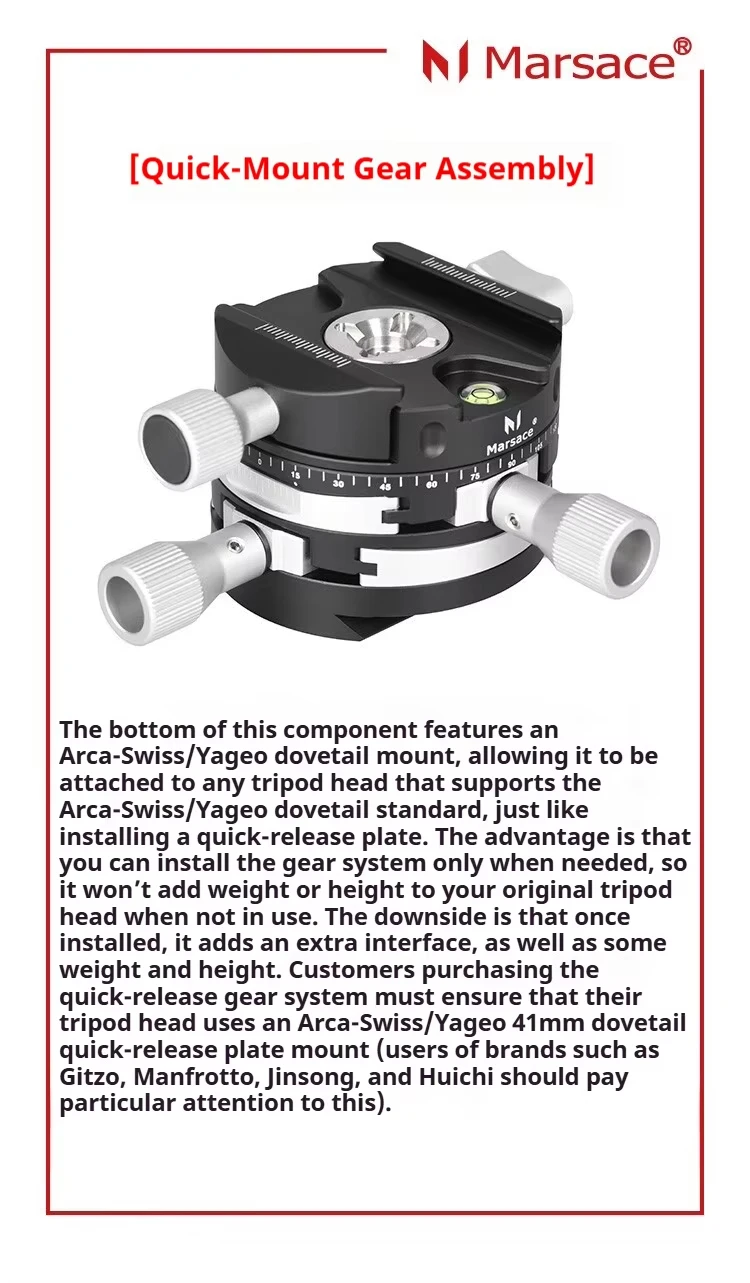 Marsace DW-4 Panorama-Stativkopf mit Getriebe, Arca QR, Wasserwaage, präzise Einstellung für Canon, Sony, Nikon, Fuji, DSLR, spiegellose Kameras, Stativ, Einbeinstativ – Detail 9