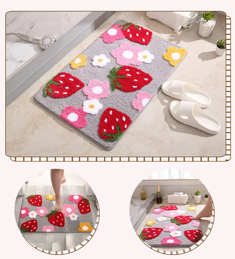 Cute Strawberry Flocking Bath Mat Pink Sweet Girls Home Decor Carpet Bedroom Rug Non-slip Absorbent Hallway Entrance Door Mat