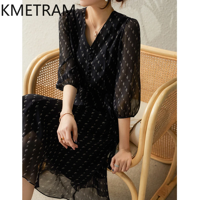 KMETRAM Mulberry Silk Polka Dot Floral Dress for Women 2024 Summer High-end French Style Dresses Mid-length Women's Clothing